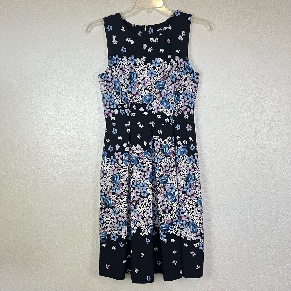 Karl Lagerfeld Black Purple Blue Floral Sleeveless Fit & Flare Dress size 4 - Picture 1 of 8